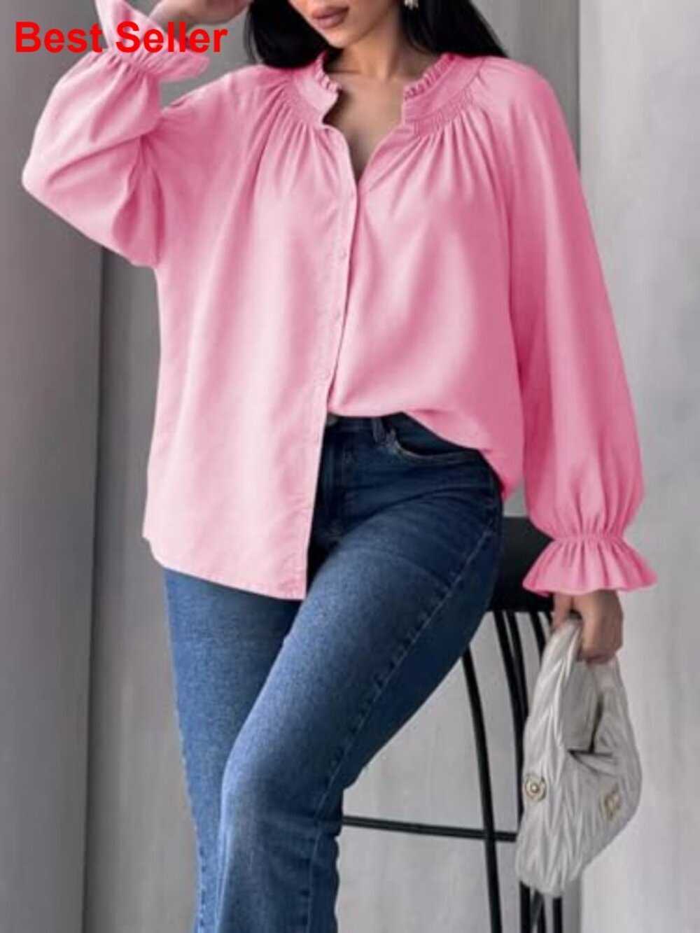 Cotton Puff Sleeve Button Down Blouse Loose Fit V Neck Casual Top - Picture 4 of 7